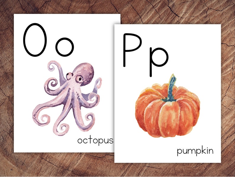 May include: Two educational cards with watercolor illustrations. One card features the letter "O" with an octopus, and the word "octopus". The other card displays the letter "P" with a pumpkin, and the word "pumpkin". The cards are on a wooden surface.