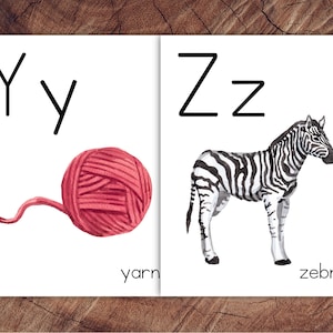 May include: A printable alphabet flashcard with the letter Y and a ball of yarn. The word "yarn" is written below the image. The letter Z and a zebra are on the right side of the card. The word "zebra" is written below the image.