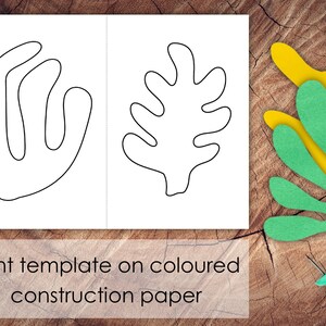 May include: Printable template for a leaf and a hand shape. The template is on a white background. The text "Print template on coloured construction paper" is at the bottom of the image.