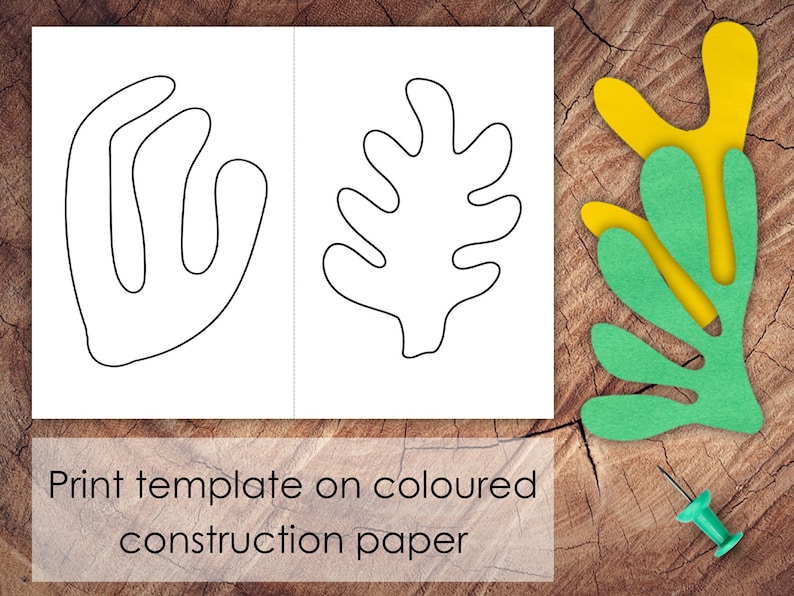 May include: Printable template for a leaf and a hand shape. The template is on a white background. The text "Print template on coloured construction paper" is at the bottom of the image.