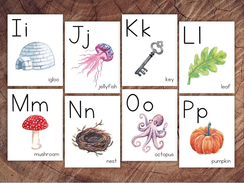 May include: Flashcards with the letters I, J, K, L, M, N, O, and P. Each card features a colorful illustration of an object that starts with the letter, such as an igloo for I, a jellyfish for J, a key for K, and a leaf for L.