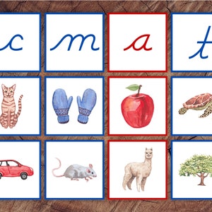 Juego de tarjetas para clasificar imágenes con sonidos de letras iniciales, edición cursiva, consonantes azules, vocales rojas