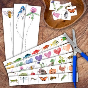 Puede incluir: Una colección de marcapáginas y tarjetas cuadradas de papel blanco con ilustraciones en acuarela de insectos, aves, peces, corazones, plantas y animales. Unas tijeras de metal con mangos azules están colocadas sobre las tiras de papel.