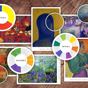 May include: A colour wheel with primary, secondary, and tertiary colours. The colour wheel is surrounded by images of paintings, including a blue portrait, a landscape with a house, and a woman with a parasol.