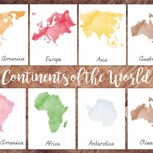 ENGLISH Continents of the World 3-teiliges Kartenset, Montessori Vorschule, Geographie