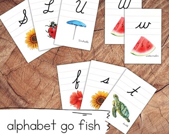 Carte da gioco con alfabeto corsivo, gioco Go Fish