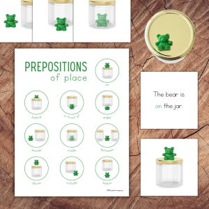 May include: Educational chart illustrating prepositions of place with a green gummy bear and a clear jar. The chart includes examples like "on," "behind," and "inside." A separate card reads "The bear is on the jar."