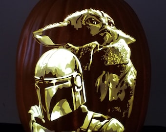 The Mandalorian & The Child - 13 inch hand-carved artificial pumpkin