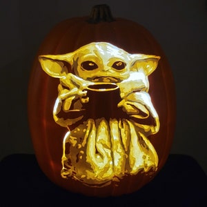 Grogu with Soup - 13 inch custom hand-carved artificial pumpkin.