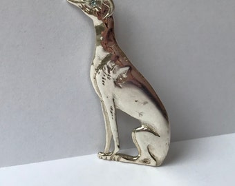 Sterling silver greyhound dog pin brooch with blue topaz eye