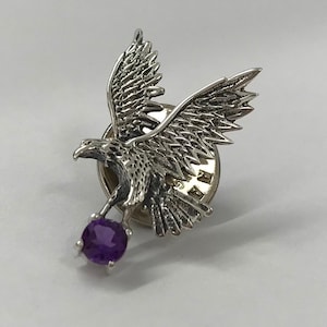 Sterling silver 925, eagle bin badge, eagle brooch, purple amethyst pin brooch, silver eagle jewellery