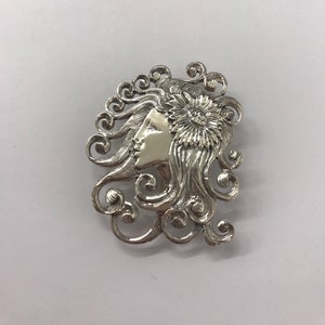 Sterling silver 925, art nouveau style brooch, lady face brooch, statement brooch