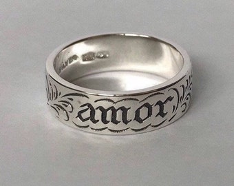 Sterlingsilber Poesy Ring: Ehering 'Amor Vincit Busmia' mit Gravur