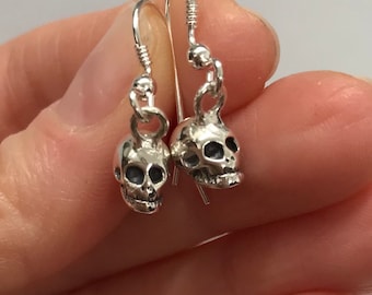 Handmade Sterling Silver Skull Drop Earrings: Gothic Biker Jewelry