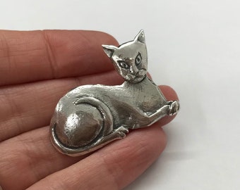 Handmade Sterling Silver Cat Brooch - Stylized Feline Design