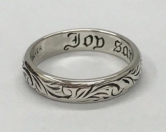 Sterling Silver 925 Poesy Ring: Engraved Scroll Wedding Band