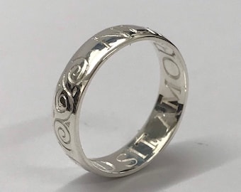 Sterling Silver Poesy Ring: Engraved Latin Inscription Wedding Band