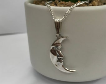 Sterling silver 925, moon face pendant, moon necklace, silver moon pendant