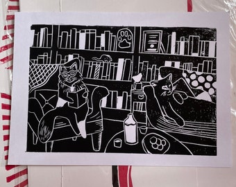 Cat Therapy Lino Print