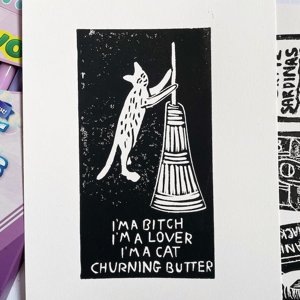 Cat Churning Butter Lino Print