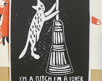 Cat Churning Butter Lino Print