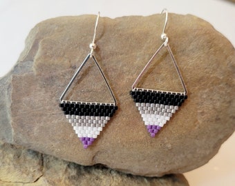 Beaded triangle earrings in asexual flag colors, ace flag jewelry, LGBTQIA pride