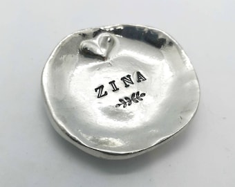 Personalized hand stamped pewter ring dish, jewelry holder, trinket dish