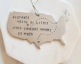 Personalized Map of USA Ornament - Hand-stamped Ornament - Custom Long Distance Ornament - Personalized Ornament