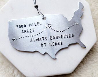 Personalized Map of USA Ornament - Miles Apart - Hand-stamped Ornament - Custom Long Distance Ornament