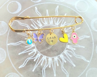 Personalized baby stroller pin with name / New baby gift / Baby evil eye brooch