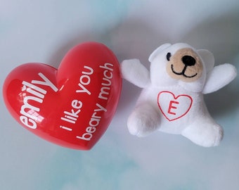 Personalized valentine bear plush in a heart shaped box