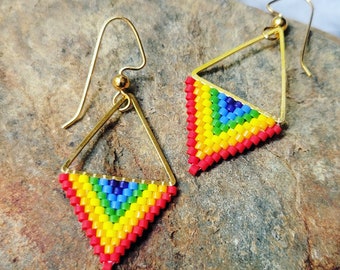 Beaded triangle earrings in pride flag colors, rainbow flag jewelry, LGBTQIA pride