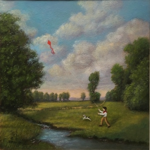 A boy with a Red Kite- landscape, blank card