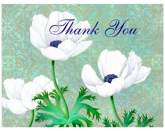 White Anemones Thank You Cards- Set of Four