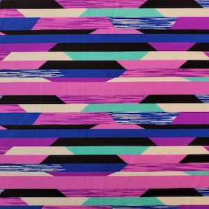 Inertia Matte Tricot Print, 4-Way Stretch Fabric Nylon Spandex, graphic stripes in orchid/violet, purple, seafoam green, royal blue, black