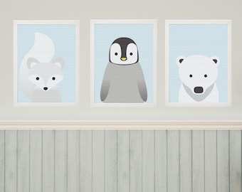 Conjunto de 3 impresiones enmarcadas de arte infantil Zorro ártico, pingüino y oso polar Lindo arte mural para niños Impresiones de arte mural infantil Arte de dormitorio de bebés