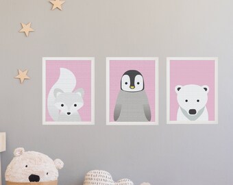 Conjunto de 3 impresiones enmarcadas de arte infantil Zorro ártico, pingüino y oso polar Lindo arte mural para niños Impresiones de arte mural infantil Arte de dormitorio de bebés