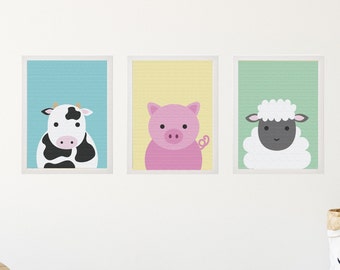 Juego de 3 grabados de arte de pared de guardería con marco blanco / Lindos animales de corral Cerdo Oveja Vaca Arte de pared / Guardería de bebés Niños Dormitorio Arte enmarcado