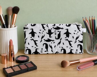 Penguin Print Pencil Case: Cotton Makeup Bag, Coin Purse
