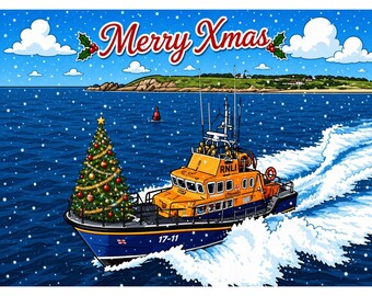 Lifeboat Themed Christmas Greeting Card, A5 Ocean Card, Nautical Card, Can be Personalised