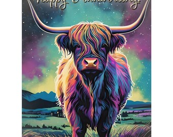 Happy anniversary Highland Cow Northern Lights Greeting Card A5 Wife Husband Him Her