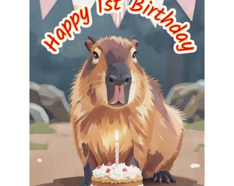 1st Birthday Greeting Card Capybara & Cake Girls Boys Cards Blank Inside