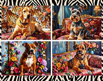 Dogs Maximalism Design Greeting Cards A5 Size Can be framed after use.