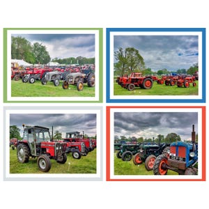 May include: Four framed images of vintage tractors on display. The tractors are in various colours, including red, grey, and blue, and are parked on grassy fields under a cloudy sky. The images are framed in green, blue, white, and red.