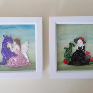 Girl with dragon, 3D acrylic painting framed in white deep box frame