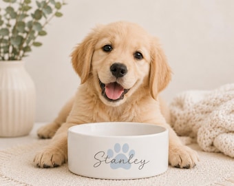 Personalized Ceramic Dog Bowl | Custom Pet Bowl with Paw Print | Minimalist Dog Bowl