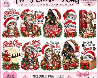 Funny Christmas Cat PNG Bundle, 10 Christmas Cat Designs, Santa Claws PNG, Meowy Christmas PNG, Funny Cat Digital Download