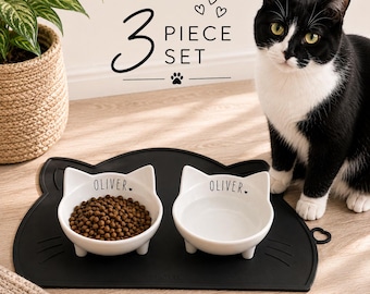 Personalized Cat Bowl Set – Cute Food & Water Dish with Silicone Mat, Custom Pet Bowl, Whisker Friendly, Non-Slip Cat Bowl, Cat Gift