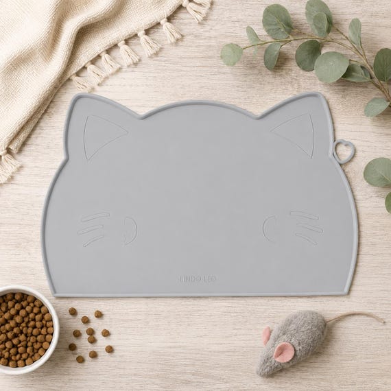 Gray Silicone Cat Food Mat, Waterproof Pet Feeding Mat, Non Slip Cat Bowl Mat, Cat Feeding Station Mat, Easy Clean Pet Placemat