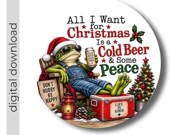 All I Want for Christmas is a Cold Beer and Peace | PNG Digital Download | Frog Sublimation Design | Vintage Frog Clipart | Transparent PNG